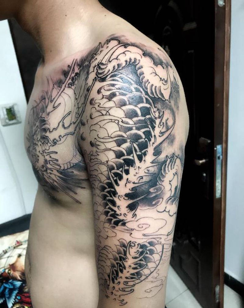 半胛,龙纹身图片_手臂胸部新传统纹身图案