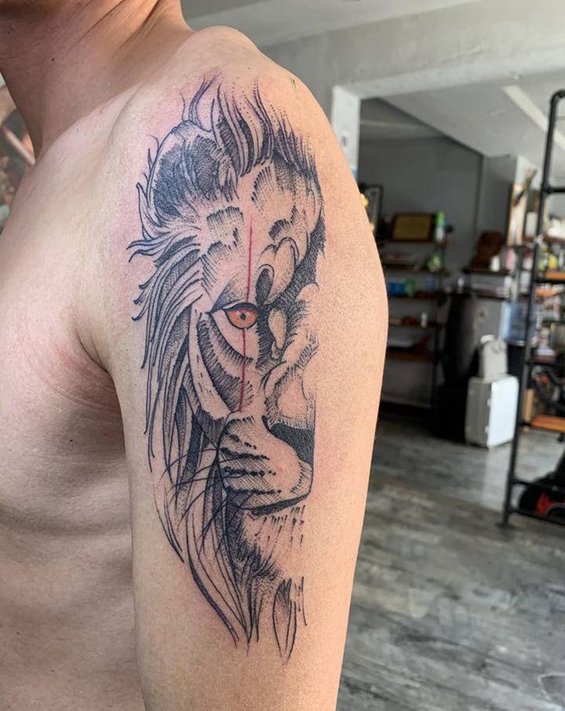 狮子纹身图片_肩部点刺纹身图案