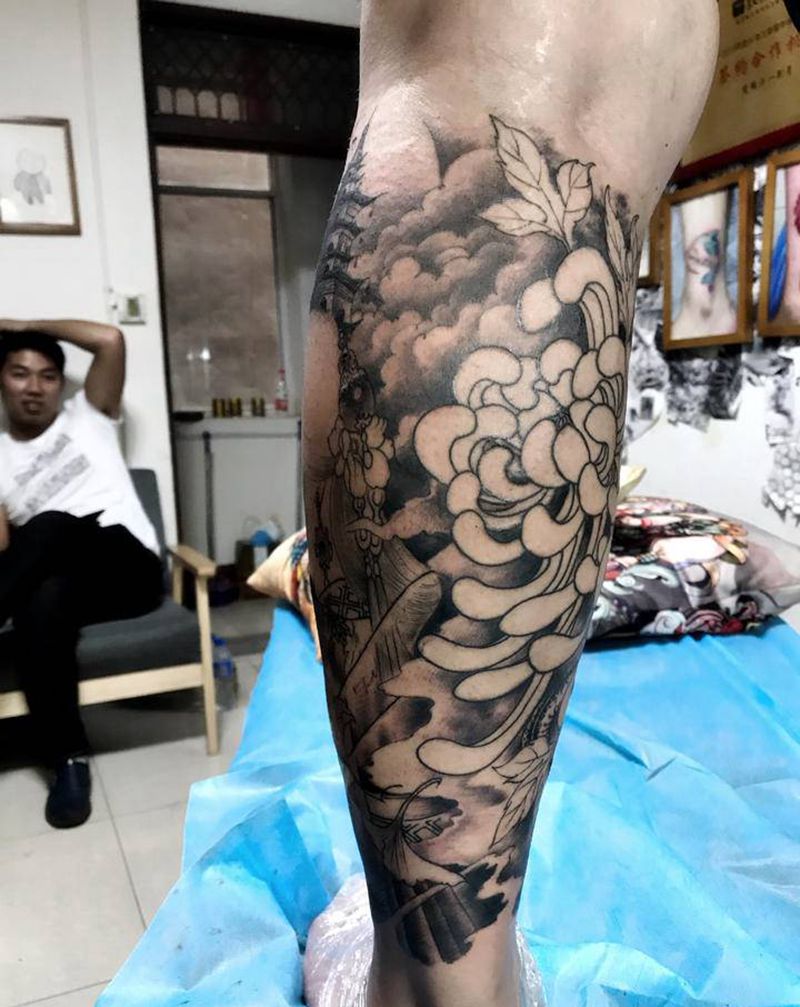 包小腿，艺妓未完成纹身图片_腿部脚部新传统老传统纹身图案