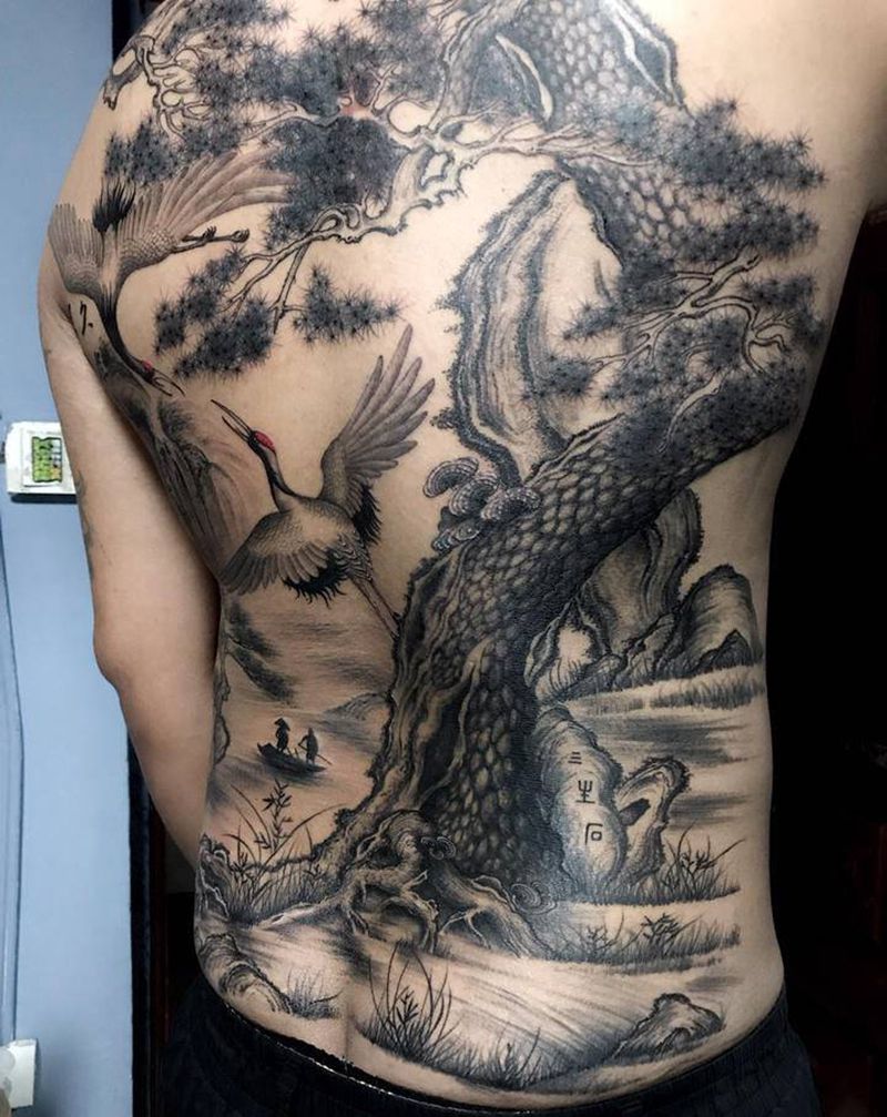 中国风满背纹身图片_背部水墨纹身图案