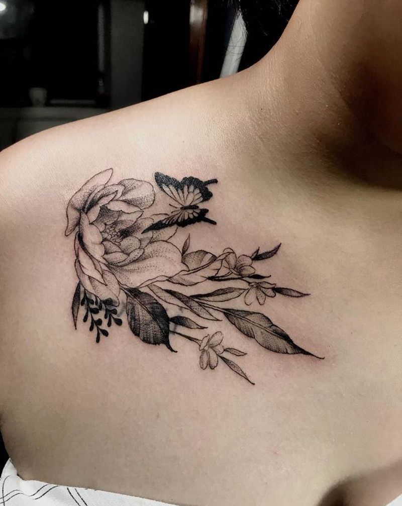 遮盖纹身图片_胸部肩部点刺纹身图案