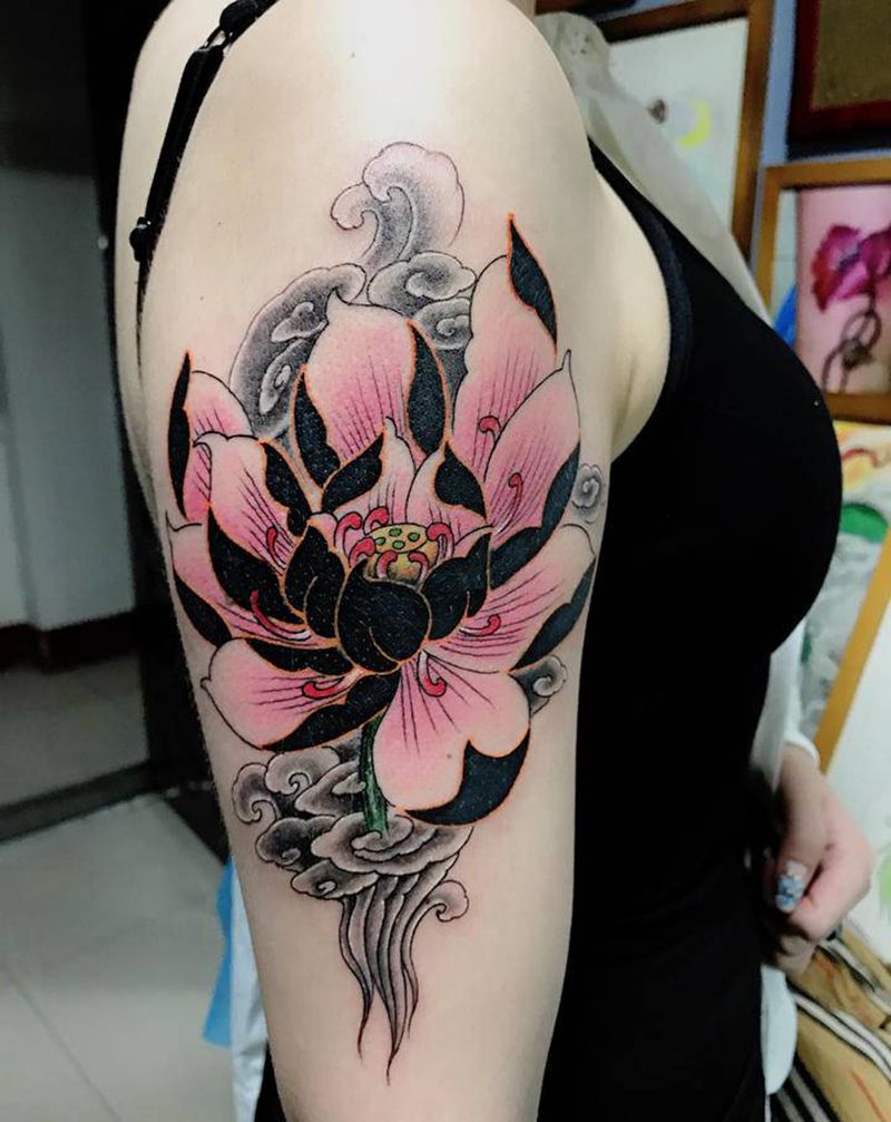 荷花，遮盖，纹身图片_手部手臂新传统纹身图案