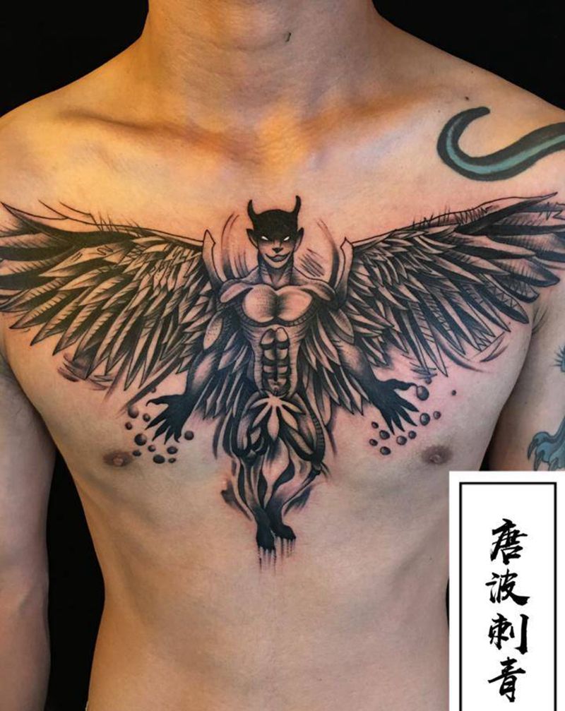 恶魔天使纹身图片_胸部点刺人物纹身图案
