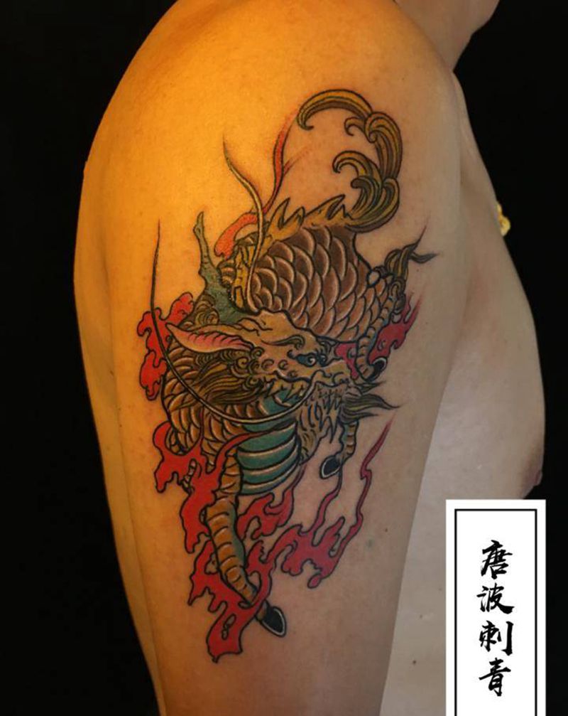 麒麟纹身图片_手臂新传统水彩麒麟纹身图案