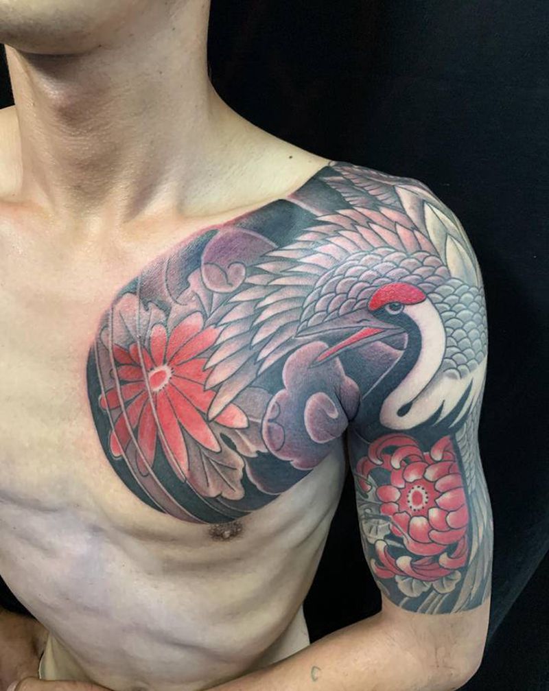 仙鹤纹身图片_胸部手臂老传统新传统纹身图案