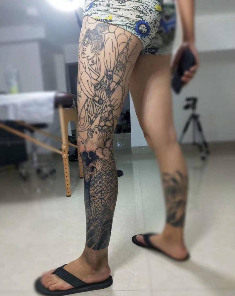 花腿纹身图片_腿部老传统纹身图案