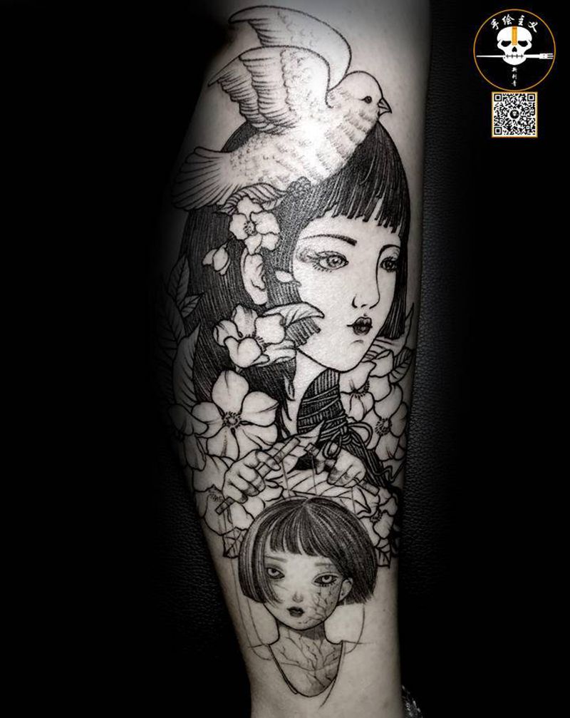 美女纹身图片_腿部New School纹身图案