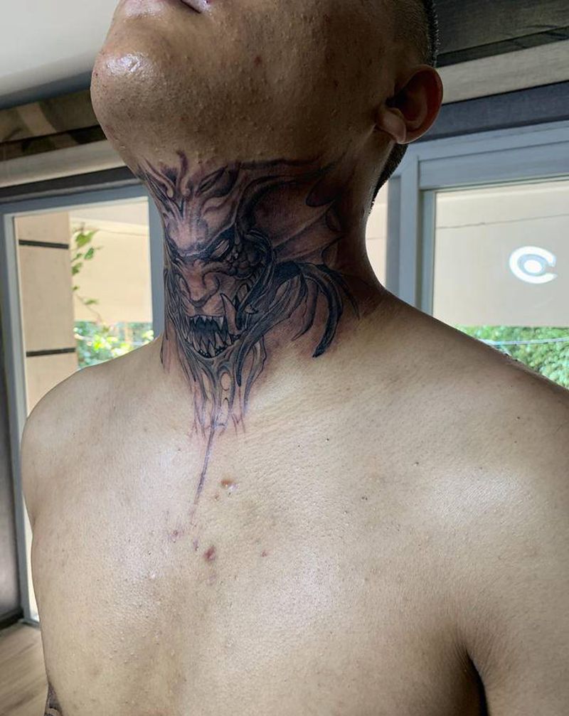 暗黑纹身图片_颈部新传统老传统纹身图案