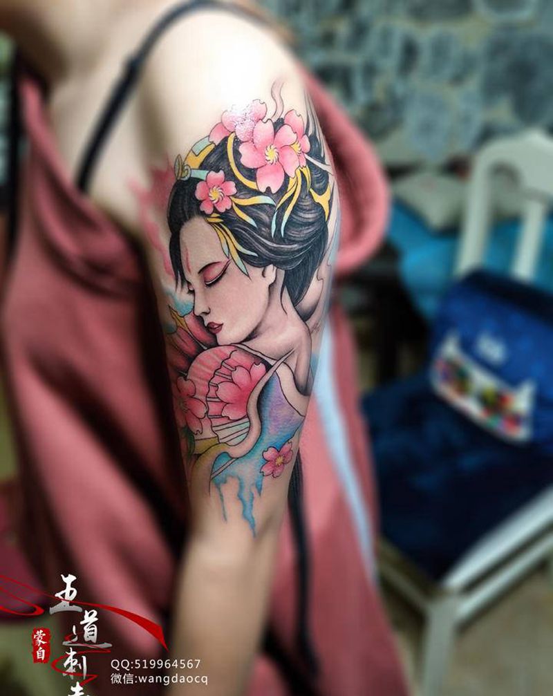 艺伎纹身图片_手臂手部新传统水彩艺妓纹身图案