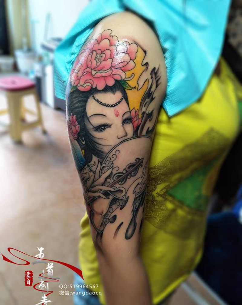 艺妓纹身图片_手臂手部新传统水彩艺伎仕女小清新纹身图案