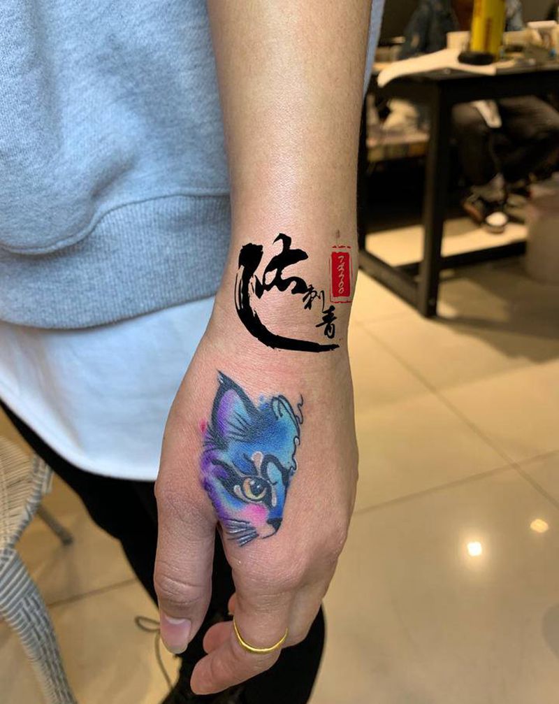 水彩猫 ：遮盖纹身图片_手部水彩水墨纹身图案