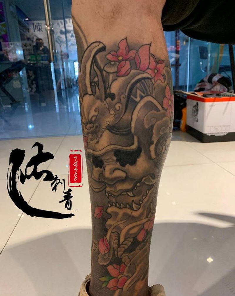 鬼武士纹身图片_腿部新传统纹身图案