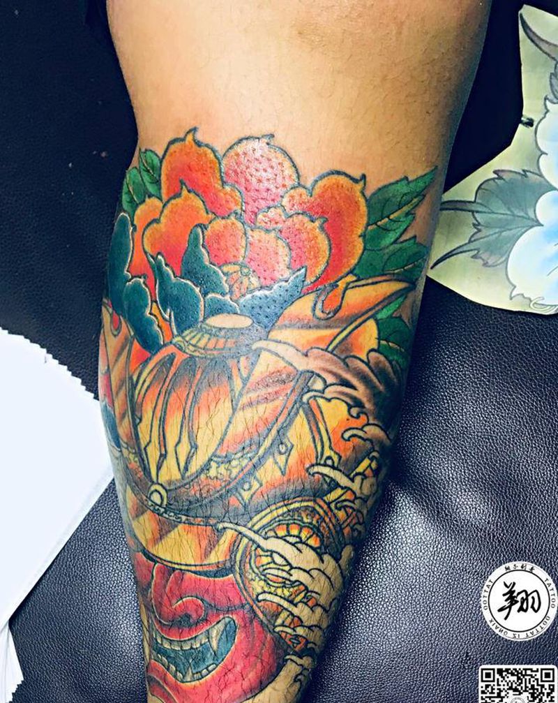 鬼武士纹身图片_腿部新传统纹身图案