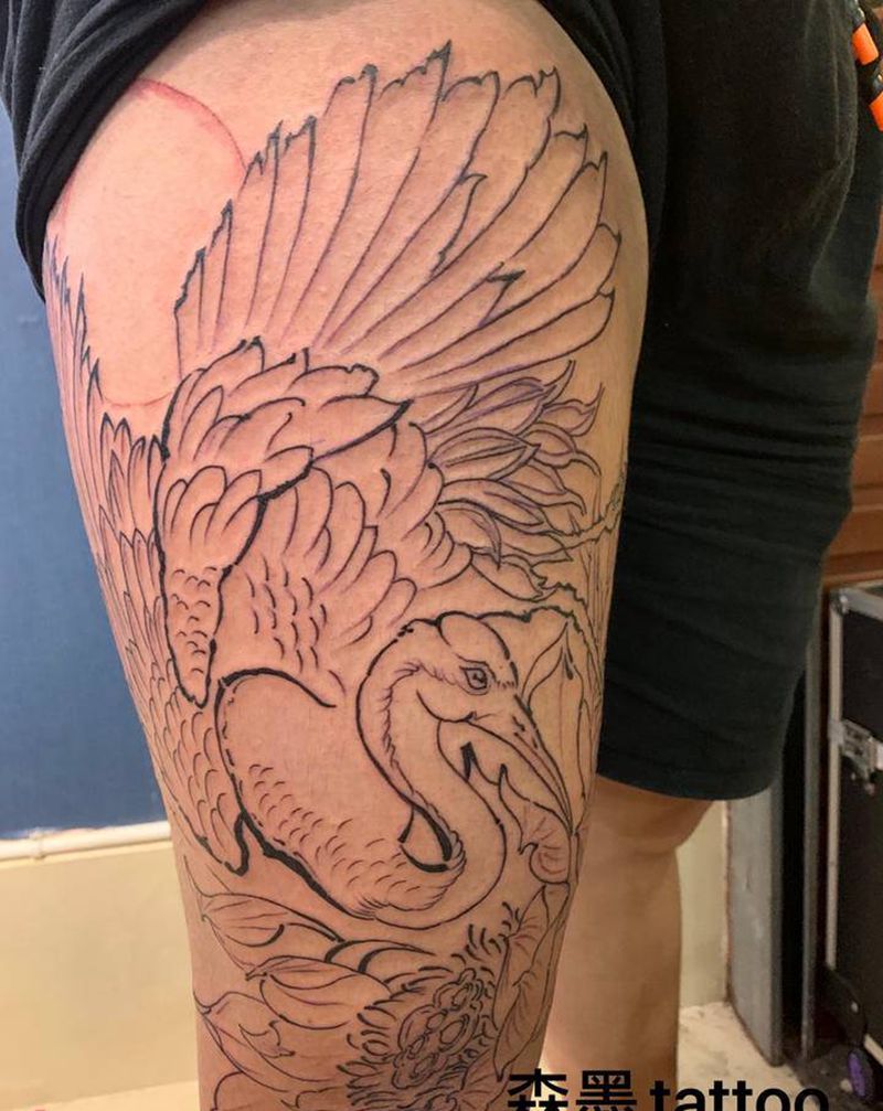 仙鹤线条纹身图片_腿部老传统新传统纹身图案