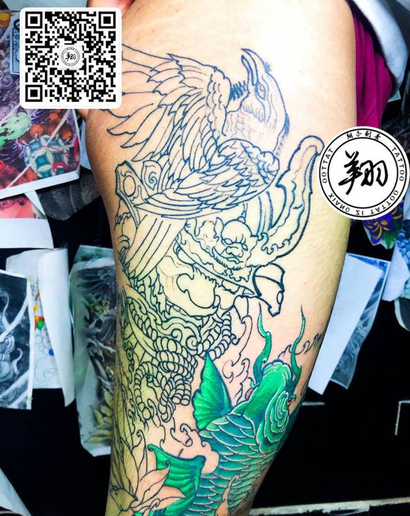 鬼武士纹身图片_腿部新传统纹身图案