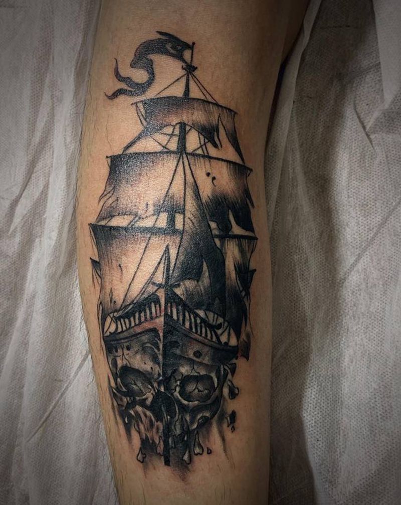 帆船纹身图片_腿部纹身图案