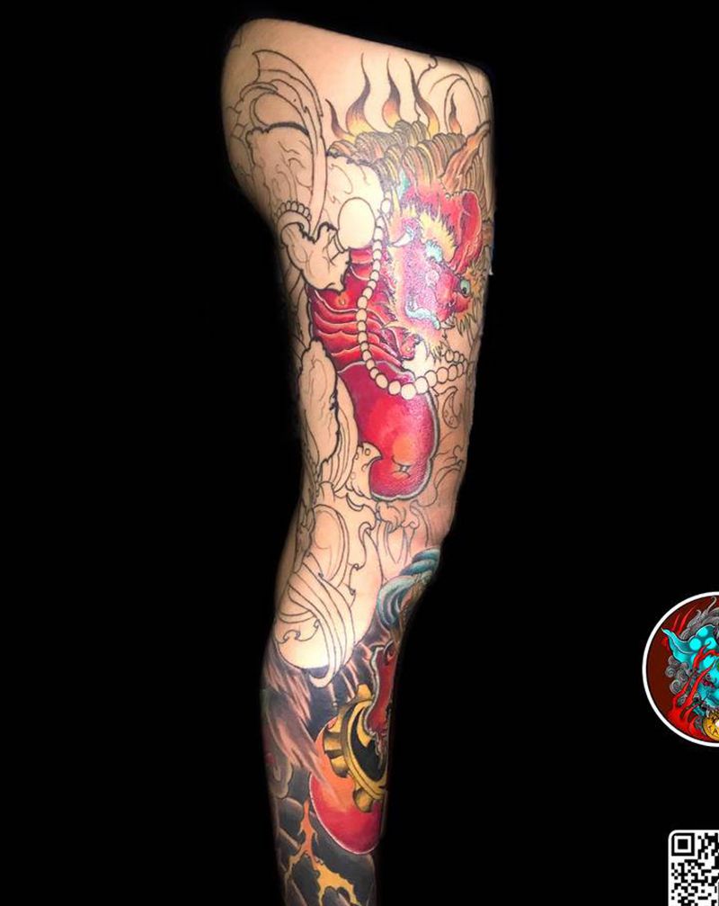 雷神纹身图片_腿部新传统纹身图案