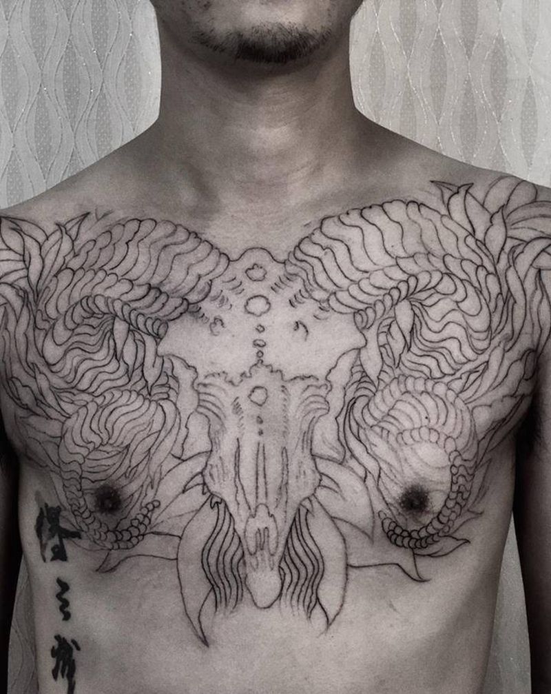羊头，未完纹身图片_胸部欧美风纹身图案