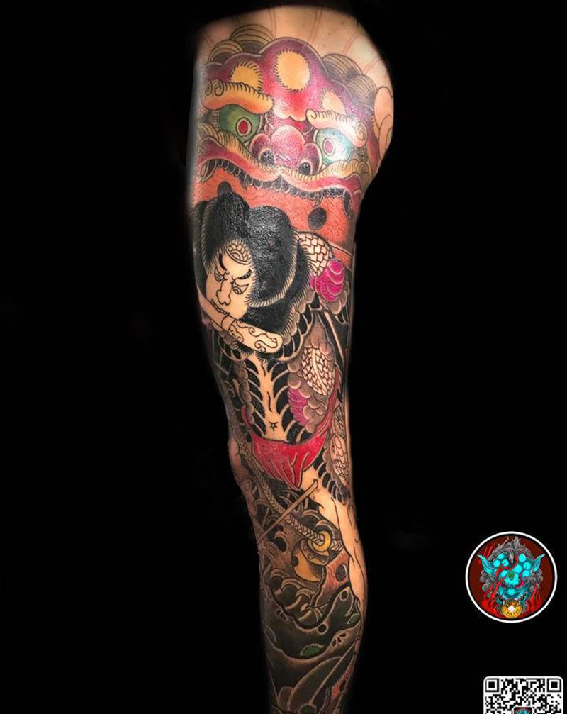 张顺破水门纹身图片_腿部老传统纹身图案