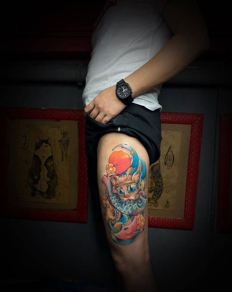 招财猫纹身图片_腿部New School纹身图案