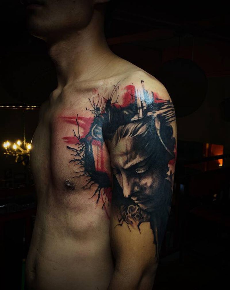 遮盖作品纹身图片_肩部欧美写实纹身图案