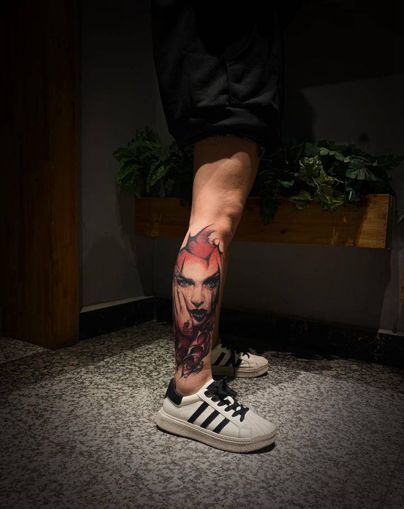 遮盖作品纹身图片_腿部欧美写实纹身图案