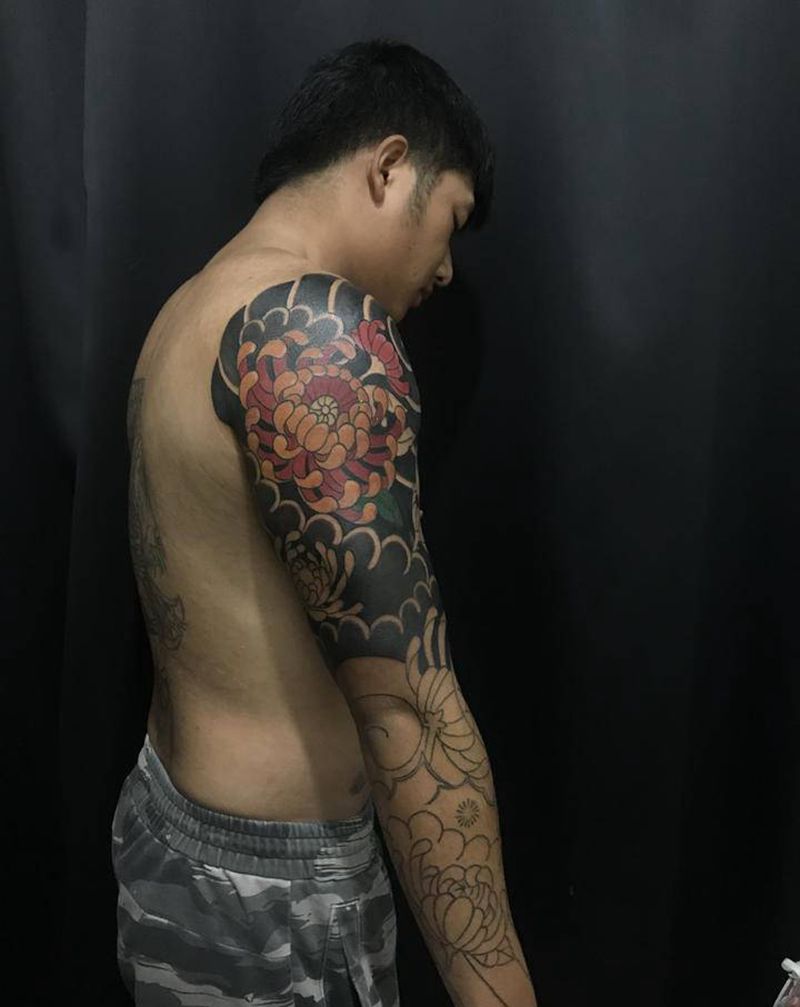 日式老传统纹身图片_手臂菊花纹身图案