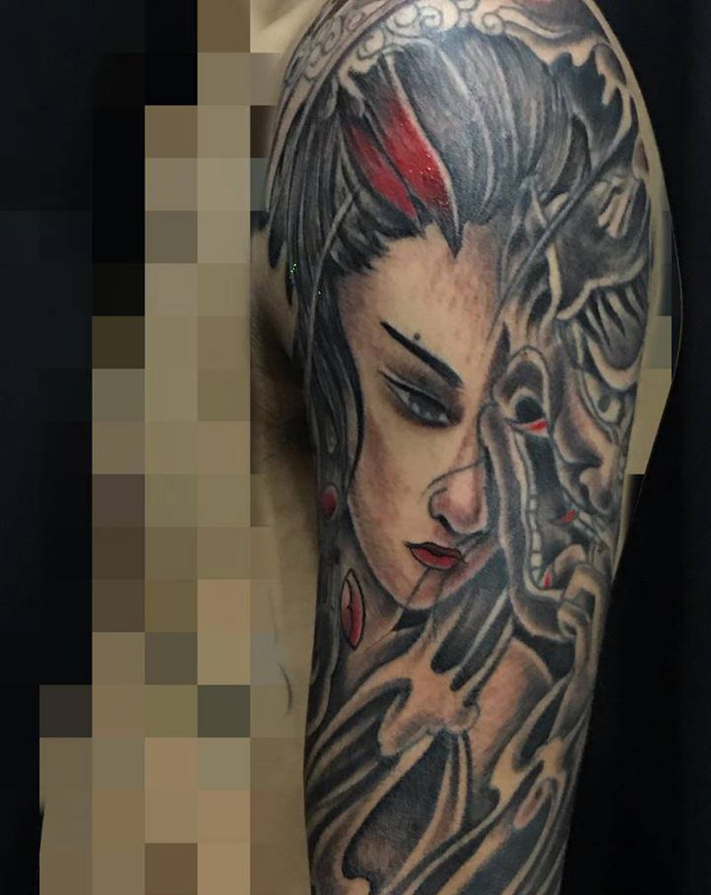 艺妓面具纹身图片_手臂纹身图案