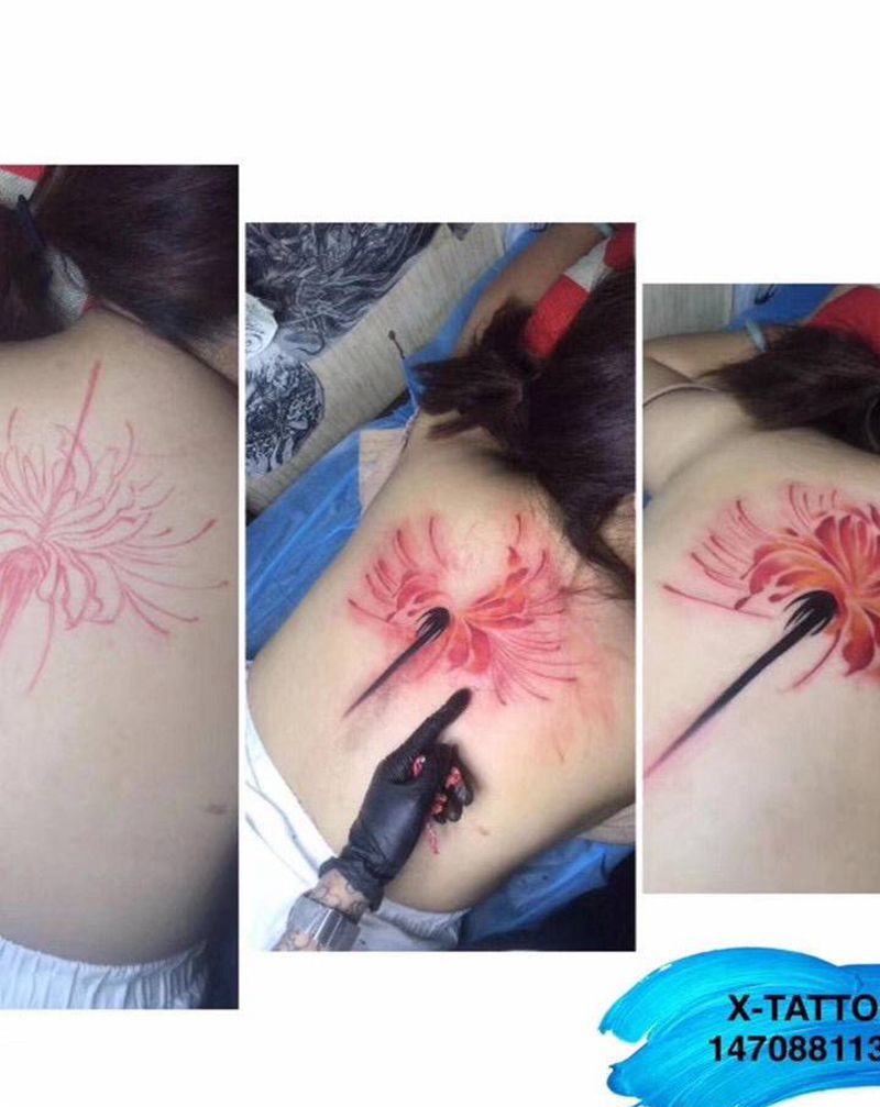 彼岸花纹身图片_背部水彩纯手绘！^_^纹身图案