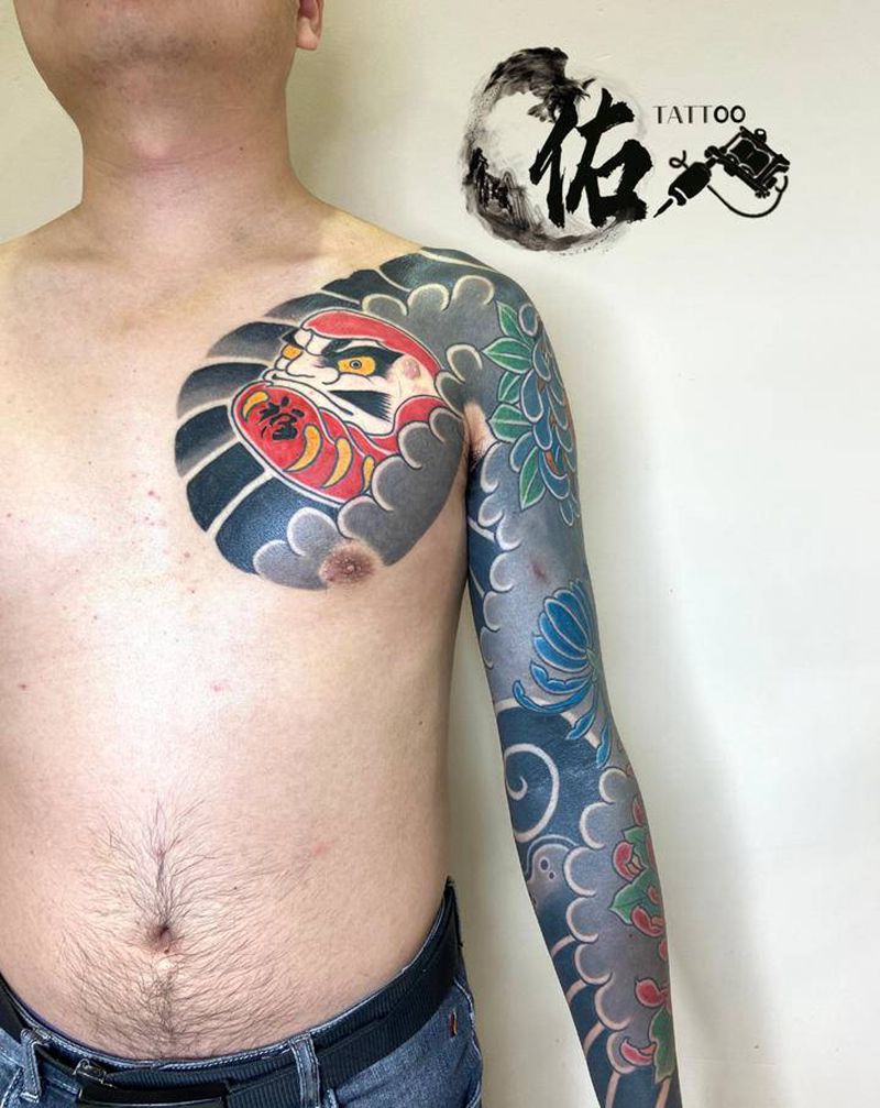 老传统  菊花   达摩蛋纹身图片_手臂老传统纹身图案