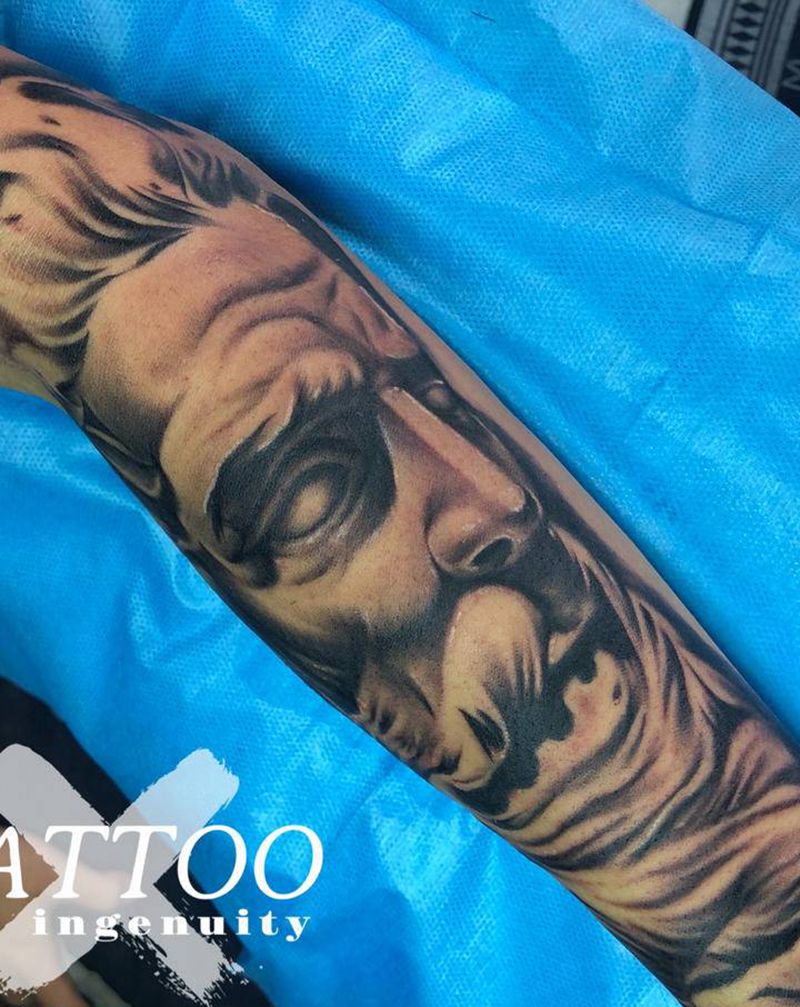 海神波赛冬#写实纹身图片_手臂欧美写实石雕纹身图案