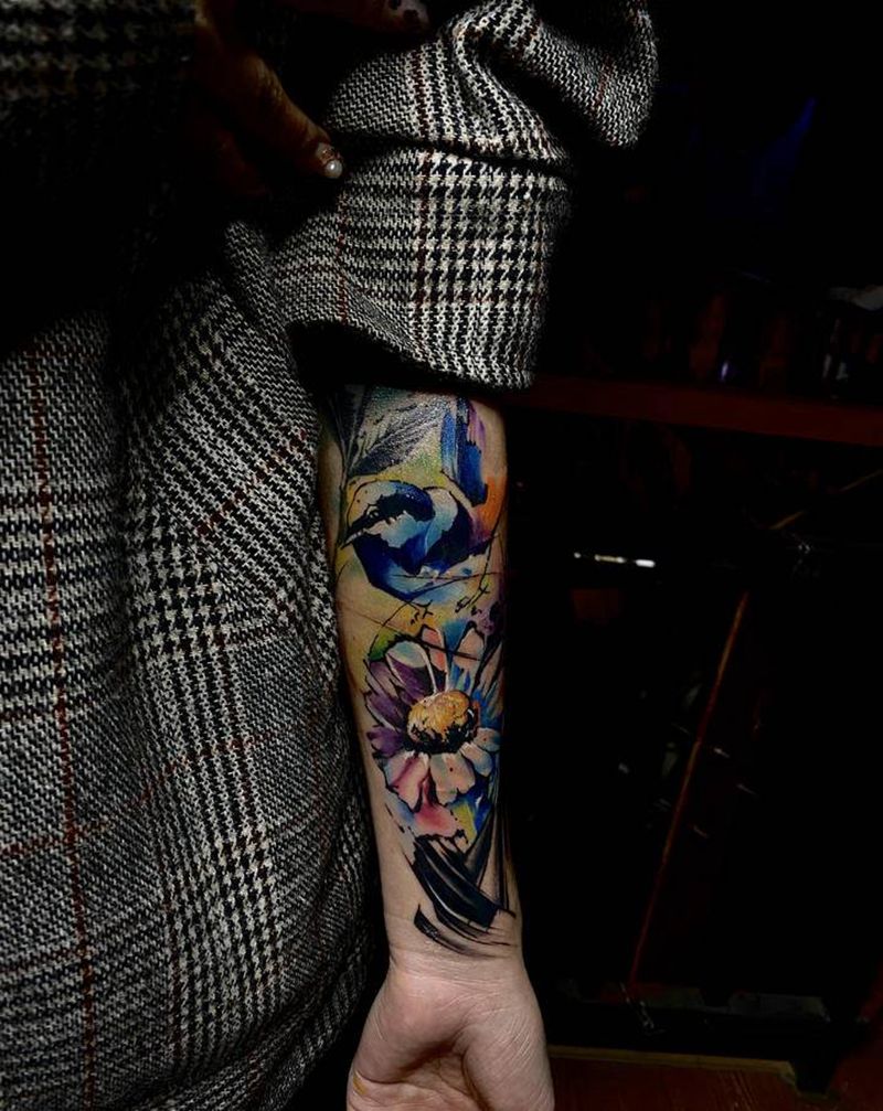 重采疤痕遮盖纹身图片_手臂水彩纹身图案