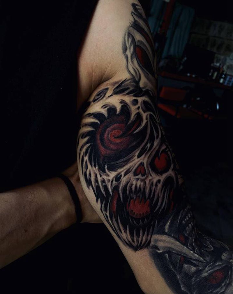 暗黑骷髅纹身图片_手臂欧美写实纹身图案