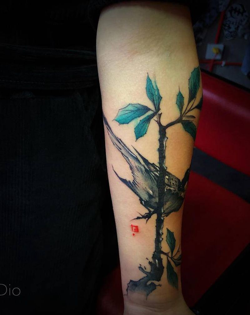 鸟(旧图遮盖纹身图片_手臂水墨纹身图案