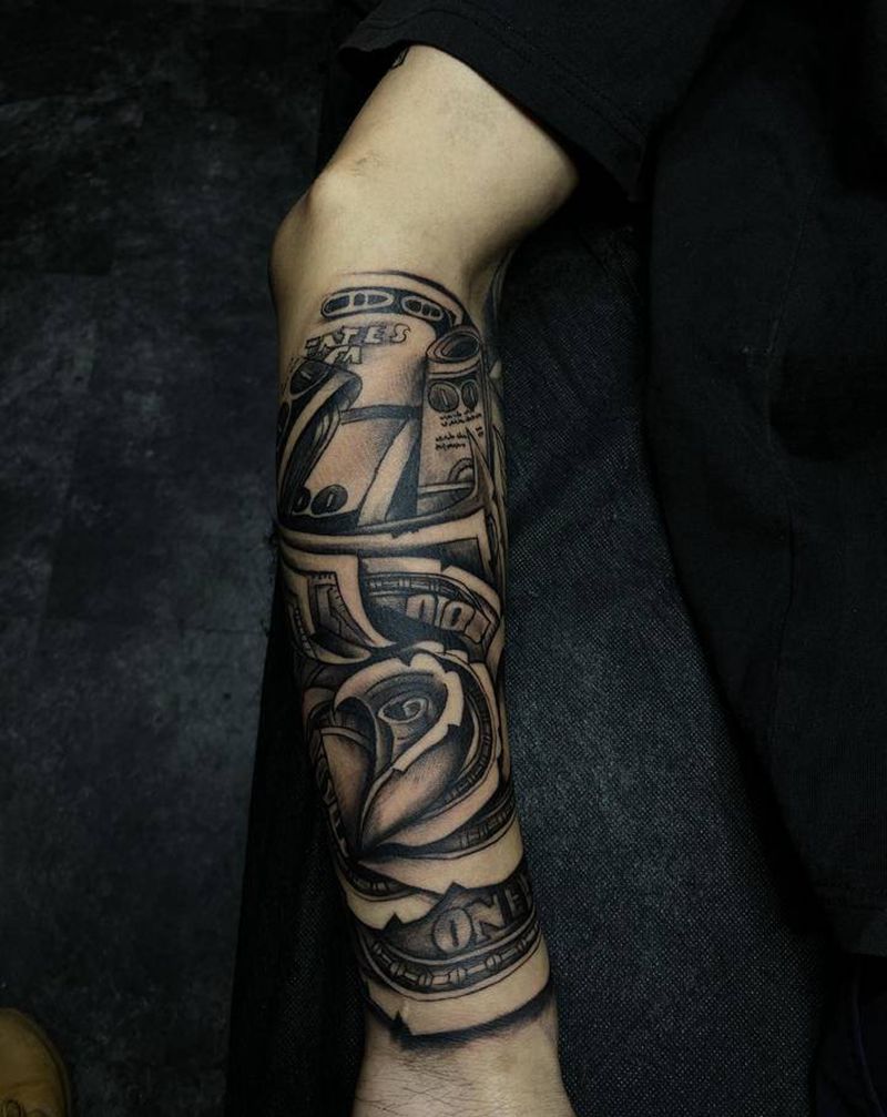 钞票(未完成纹身图片_手臂欧美写实纹身图案