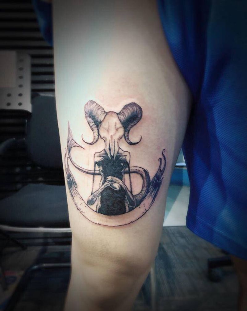 摩羯座♑️纹身图片_腿部图腾纹身图案