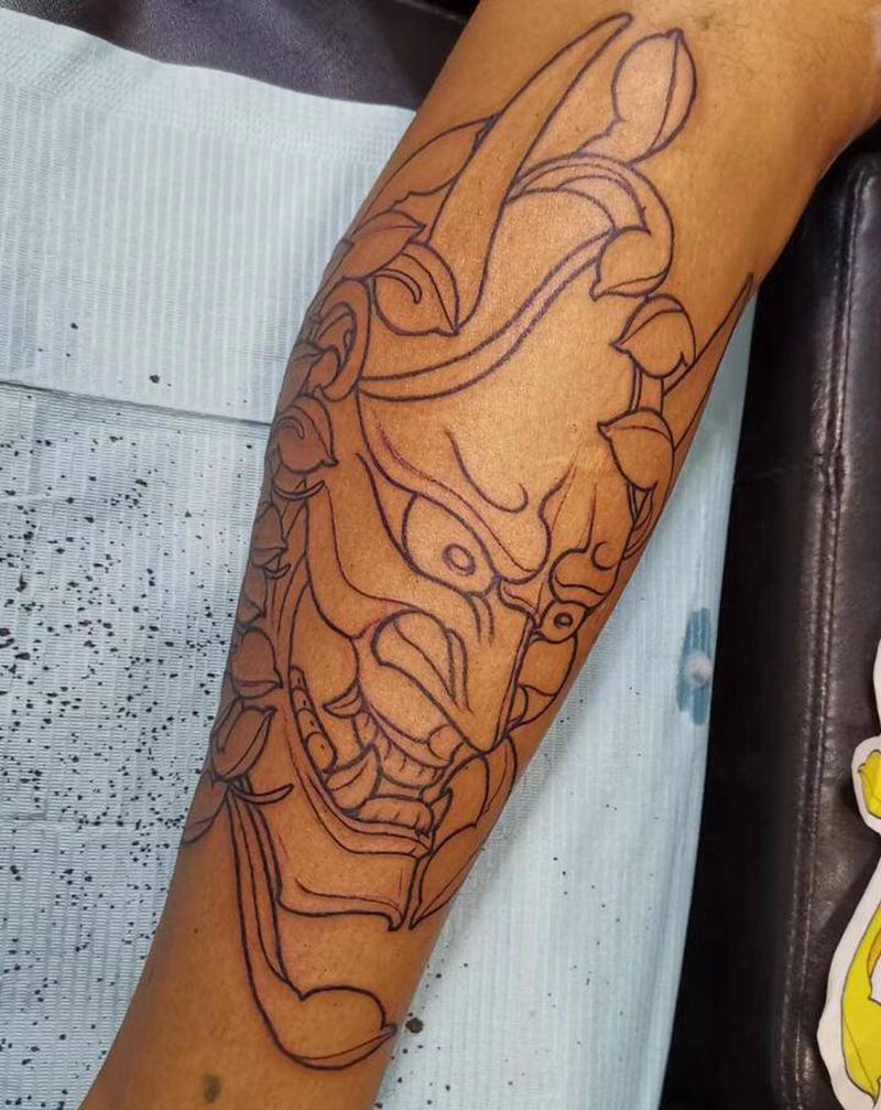 小腿般若纹身图片_腿部新传统般若菊花纹身图案