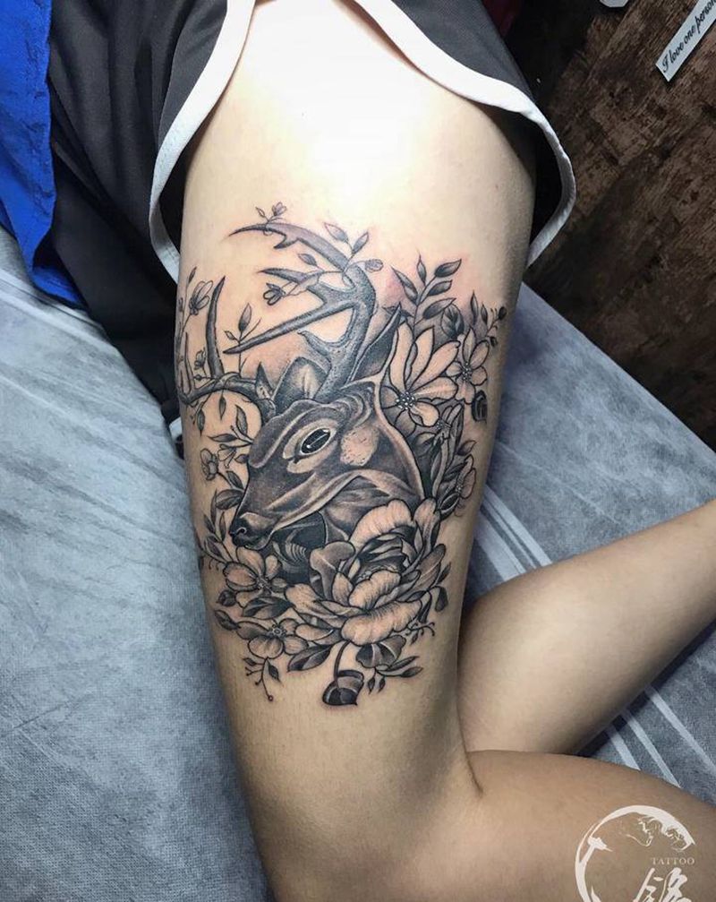 麋鹿纹身图片_腿部纹身图案