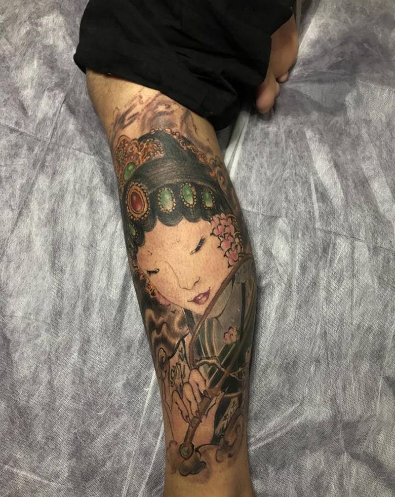 花旦纹身图片_腿部新传统老传统纹身图案