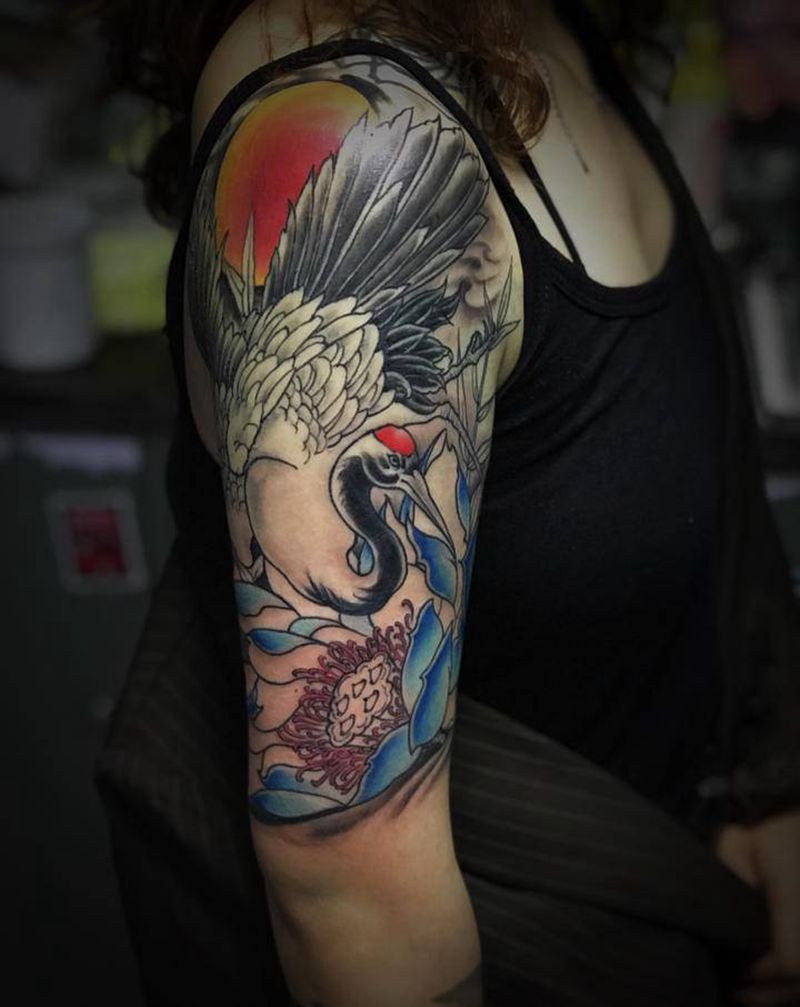 仙鹤纹身图片_手臂新传统纹身图案