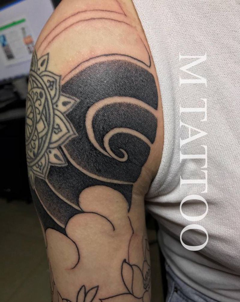 日式纹身图片_手臂老传统点刺圆三纹身图案