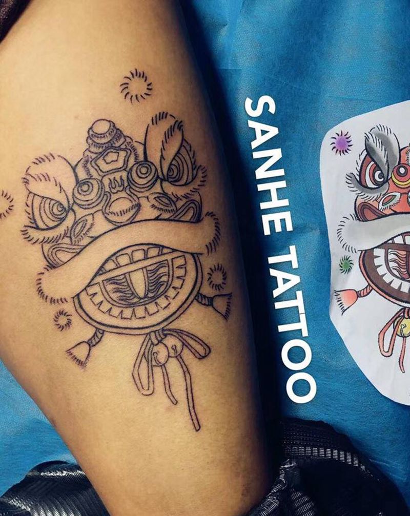 唐狮纹身图片_腿部新传统纹身图案