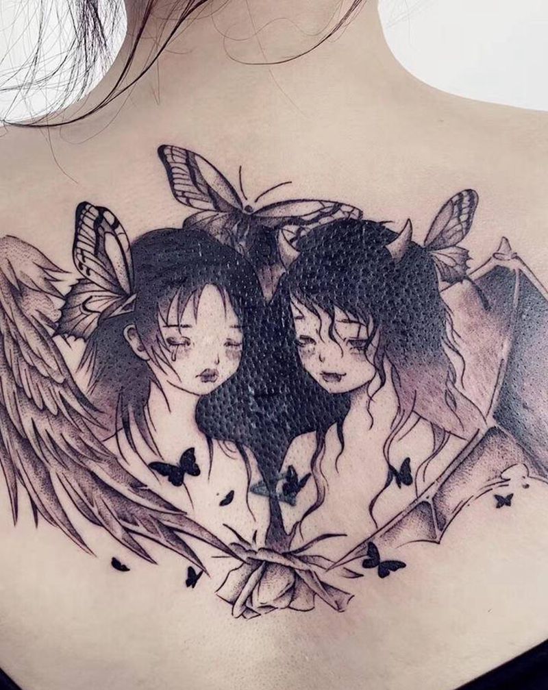 后背遮盖纹身图片_背部遮盖插画风格少女纹身图案