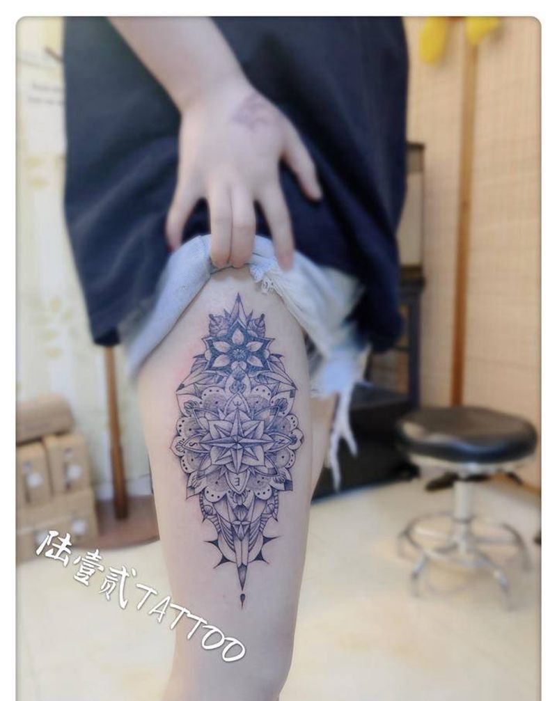 陆壹贰作品纹身图片_腿部点刺纹身图案