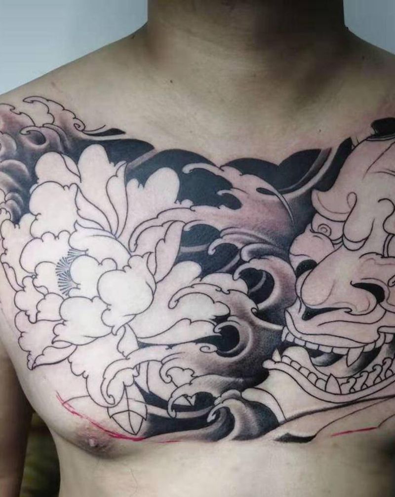 花胸般若牡丹纹身图片_胸部新传统老传统纹身图案
