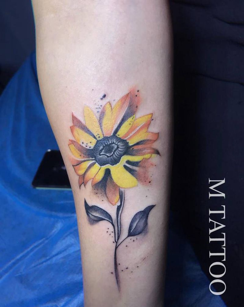 向日葵纹身图片_手部手臂水彩向日葵纹身图案