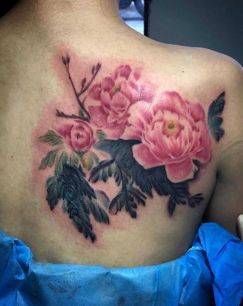 牡丹花开纹身图片_背部水墨水彩纹身图案