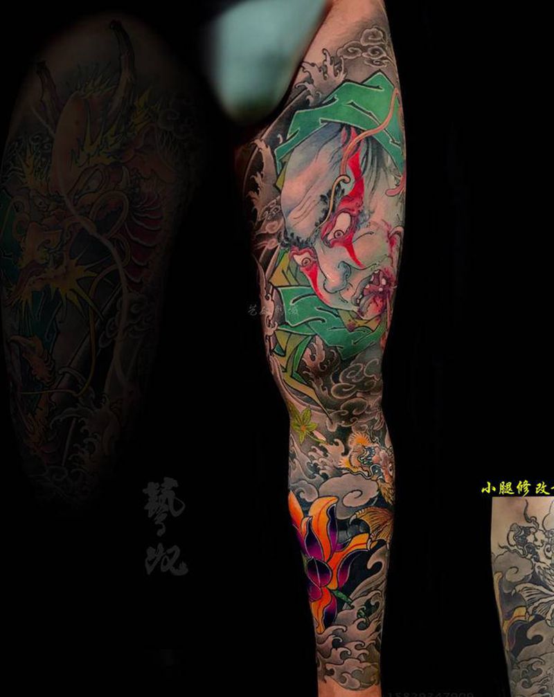 新传统花腿纹身图片_腿部新传统纹身图案
