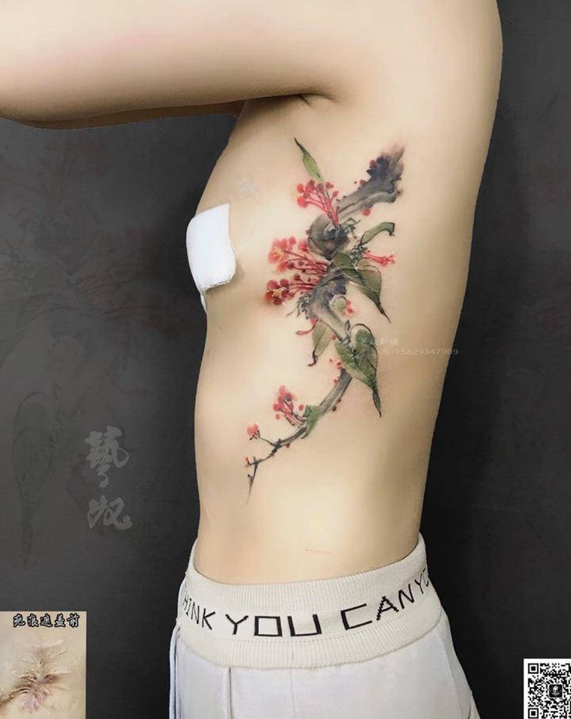 疤痕遮盖设计纹身图片_胸部腰部水墨水彩中国风纹身图案