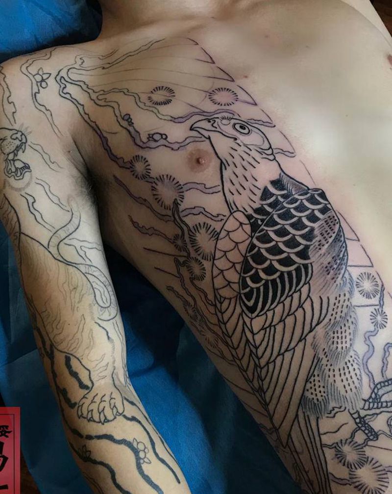 开衫纹身图片_腹部腰部老传统虎 老鹰纹身图案